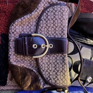 Coach Signature SoHo Satchel Brown Buckle Flap Shoulder Bag